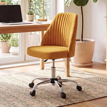 DUMOS Office Chair, Comfy Desk Chair Rolling Vanity Swivel Task Chairs with Wheels, Wide Seating Armless Height Adjustable Computer Chairs for Home,Bedroom,Student,Adults, Dark Yellow