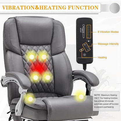HOMREST 6-Point Massage Office Chair with Heat, Executive Office Chair with Footrest, Leather Computer Desk Chair with 135°Reclining Backrest for Home Office, Grey