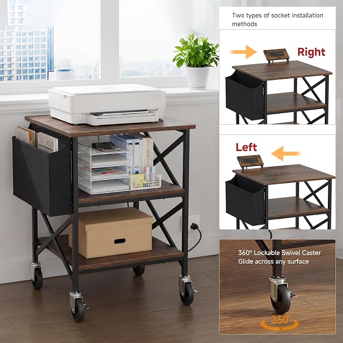 Large Printer Stand with Storage Bag, Rolling Printer Cart with Power Outlet, 3 Tier with Height Adjustable Storage Shelf, 23.6 x 23.6 Inches Printer Table for Home Office