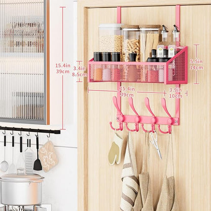 Kaiferty Over The Door Hooks Organizer, Coat Rack Over The Door Storage Hanger Towel Rack, Back of Door Storage Organizer for Bathroom,Bedroom,Kitchen,Office (Pink, 2-Tier)