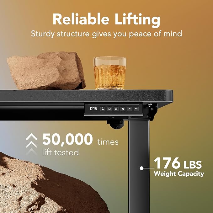 HUANUO Electric Standing Desk, 63" x 28" Height Adjustable Desk, 4 Memory Height Settings, Sit to Stand Up Desk for Home Office, with Headphone Hook, Cable Manager, Carbon Fiber Black