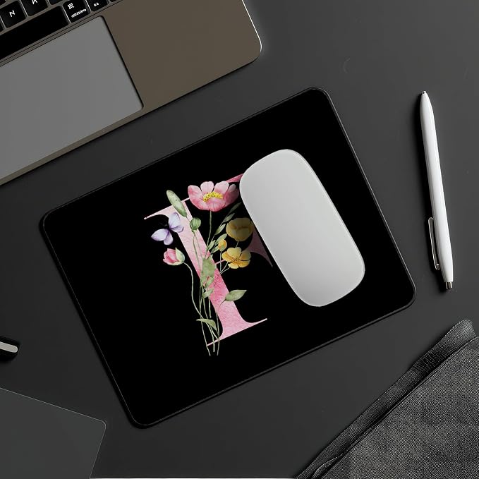 Mouse Pad Pinks Flowers Initial Letters Mousepad Desktop Laptop Computer Accessories Home Office Gaming Work Desk Computer Non-Slip Rubber Monogram Floral Alphabet A-Z mousepad (F)