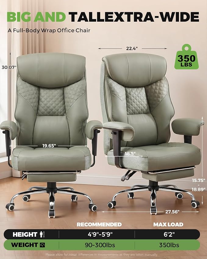 GTPLAYER Big and Tall Office Chair, High Back Computer Gaming Chair with Ergonomic Lumbar Support &Pocket Spring Cushion for Lower Back Pain Relief, Leather Executive Chair with Foot Rest, Green