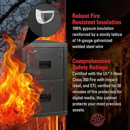 FireKing Turtle Vertical 2 Drawer Legal and Letter Fire Safe File Cabinet with Key Lock, 1 Hour Fire Rated, UL Rated & Water Resistant Home Safe, Filing Cabinet, Made in the USA, Black