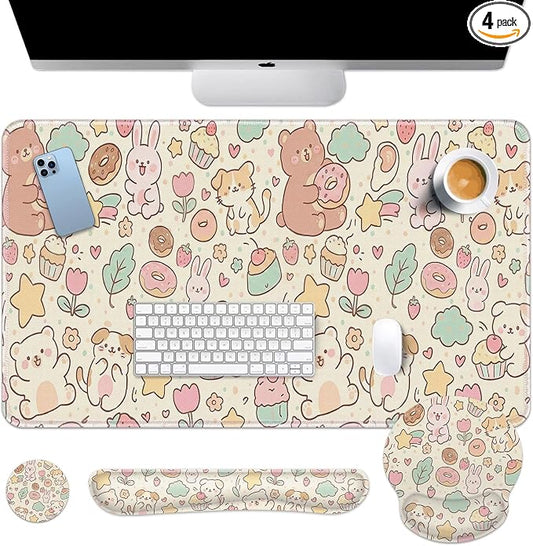 Britimes Kawaii Bunny Bear Keyboard Mouse Pad Set Cartoon Pink 4in1 Large Mousepad+Keyboard Wrist Rest+Mouse Wrist Rest+Coaster Ergonomic Design for Home Office Computer 35.4x15.7 inches