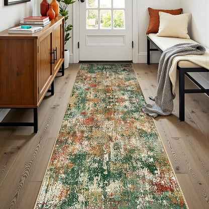 RELEANY Washable Area Rugs 2'x8' Non-Slip Modern Abstract Soft for Living Room Entryway Bedroom Kitchen, Print Pattern, Green Orange Rust Red Cream Colorful