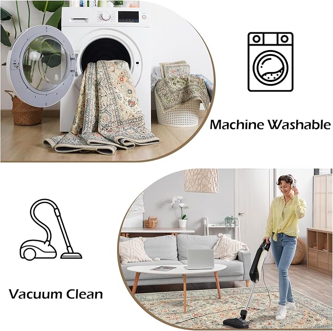 Goideal Washable Runner Rug 2x6, Beige Rugs Non Slip, Indoor Low Pile Carpet with Rubber Backing for Hallway Kitchen Bathroom Entryway Bedroom
