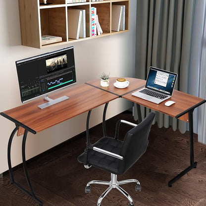 ZenStyle 55" L-Shaped Corner Computer Desk - Sturdy Steel Frame & Waterproof Surface, Walnut Wood Grain Design for Home Office, Gaming & Multipurpose Workstation
