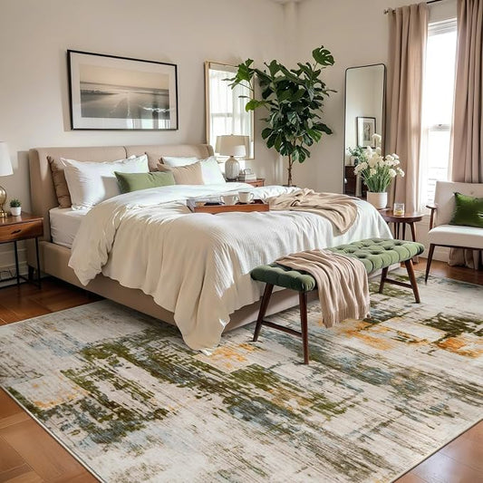 Ciicool Modern Abstract Rug for Living Room, 5'x7' Machine Washable Soft Area Rug Non-Slip Rug, Low-Pile Contemporary Indoor Dining Floor Carpet for Bedroom Office Under Table Home Decor Beige Green