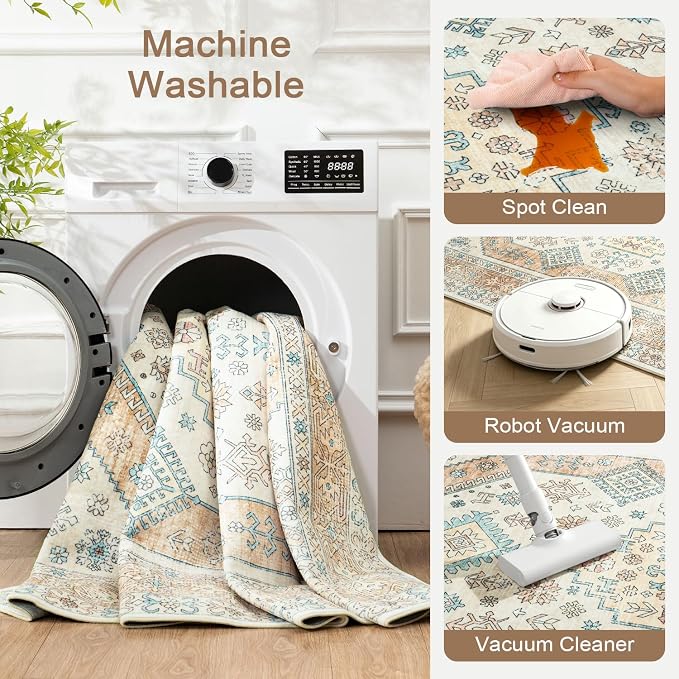 Lofus Vintage Living Room Rugs 8x10, Soft Machine Washable Area Rug for Bedroom Indoor Floor Home Office House Decor, Oriental Traditional Distressed Farmhouse Carpet, Boho Beige and Orange