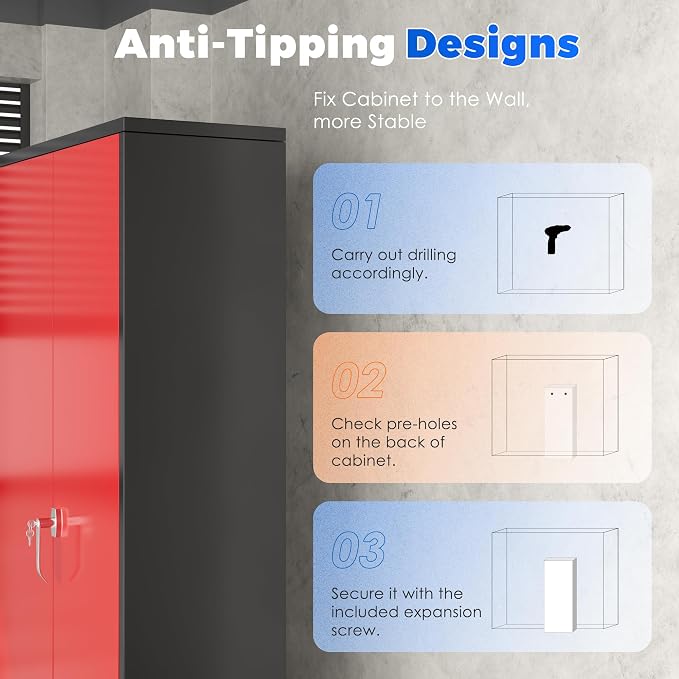 INTERGREAT Metal Garage Storage Cabinet with Lock, 72" Storage Cabinet with Locking Doors and 4 Adjustable Shelves, Lockable Steel Tool Cabinet for Home Office, School, Black Red