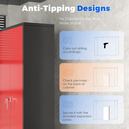 INTERGREAT Metal Garage Storage Cabinet with Lock, 72" Storage Cabinet with Locking Doors and 4 Adjustable Shelves, Lockable Steel Tool Cabinet for Home Office, School, Black Red