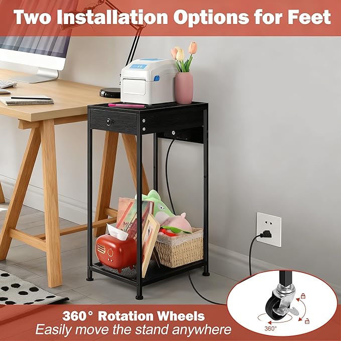 Vrisa Printer Stand with Storage Drawer Small Printer Table Cart with Wheels and Charging Station Home Mobile Computer PC Tower Label Printer Shelf Shredder Stands for Home Office, Black