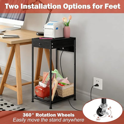 Vrisa Printer Stand with Storage Drawer Small Printer Table Cart with Wheels and Charging Station Home Mobile Computer PC Tower Label Printer Shelf Shredder Stands for Home Office, Black
