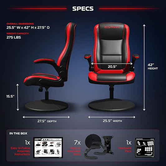 RESPAWN 3085 Ergonomic Gaming Chair for Adults, High Back Office Chair with Headrest and Flip Up Arms, Leather Racing Style Gaming Seat with Lumbar Support, Video Game Computer Desk Seat - Red