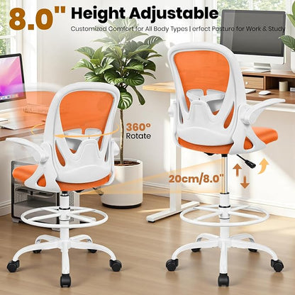 Primy Drafting Chair Tall Office Chair with Flip-up Armrests Executive Ergonomic Computer Standing Desk Chair with Lumbar Support and Adjustable Footrest Ring (Sunset Orange)
