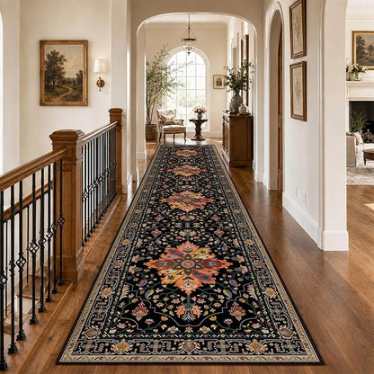 RELEANY Area Rugs Runner 3'x12' Washable Non-Slip, Floral Vintage Distress Medallion Carpet for Kitchen Hallway Bedroom Beside Laundry Room Bathroom, Black Colorful Floral Dark Tan