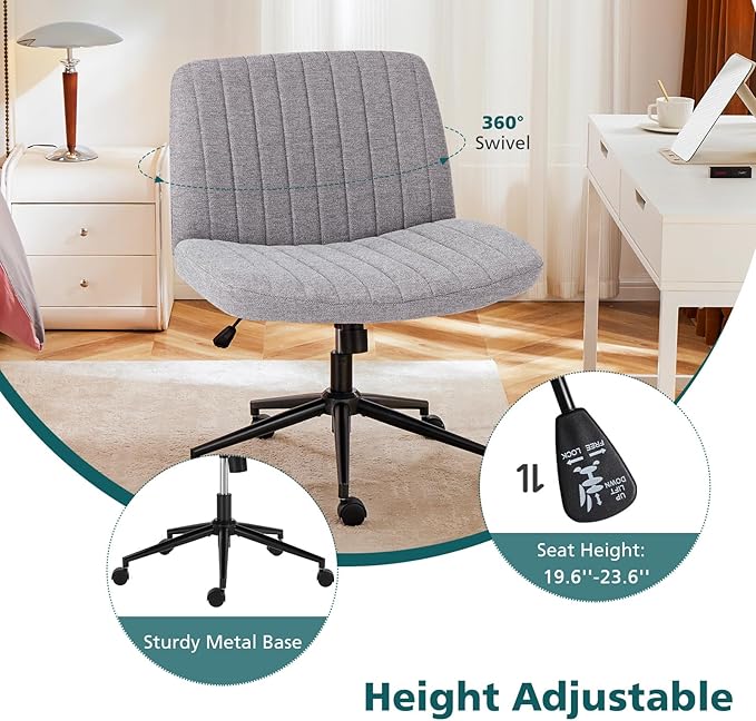 OLIXIS Criss Cross Chair with Wheels Wide Cross Legged Office Desk Vanity Chair Comfy Fabric Armless Height Adjustable Swivel for Home Computer Task Gray