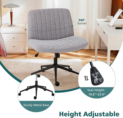 OLIXIS Criss Cross Chair with Wheels Wide Cross Legged Office Desk Vanity Chair Comfy Fabric Armless Height Adjustable Swivel for Home Computer Task Gray