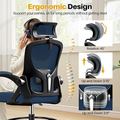 Drafting Chair, Tall Office Chair for Standing Desk, Ergonomic High Back with Headrest, Lumbar Support, Foot Ring and Flip-up Armrests, Navy Blue