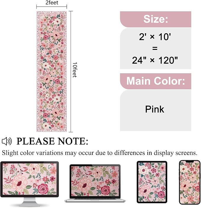 DUKINO 2x10 Kitchen Runner Rug for Hallway, Washable Runner Rug with Non Slip Backing, Low Pile Soft Boho Floral Carpet for Kitchen, Hallway, Entryway, Laundry, Bedroom, Pink