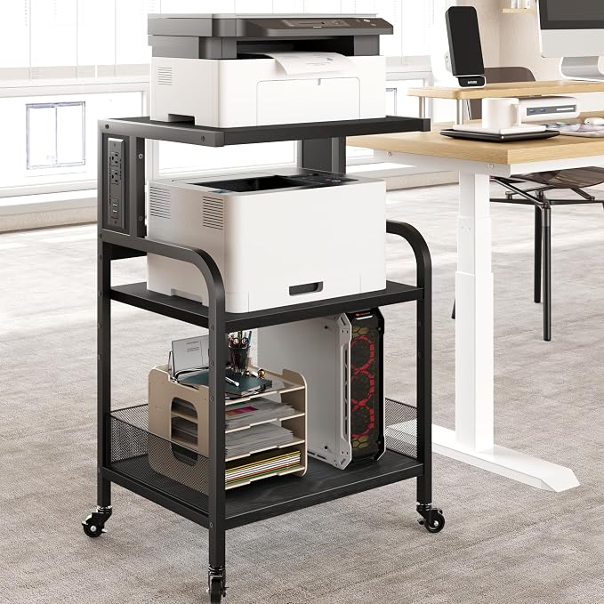 GarveeLife Printer Stand with Power Outlets, 3-Tier Rolling Printer Table with Lockable Wheels, Heavy Duty Printer Cart with Adjustable Shelves, Utility Storage Cart for Home, Office, Black