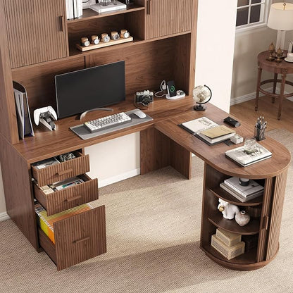 ONBRILL 70.87“H L Shaped Executive Desks with Hutch, Fluted Corner Desk with 3 Drawers & Charging Outlets, Mid-Century Wood Home Office Desk with Sliding Door for Work and Study,Walnut