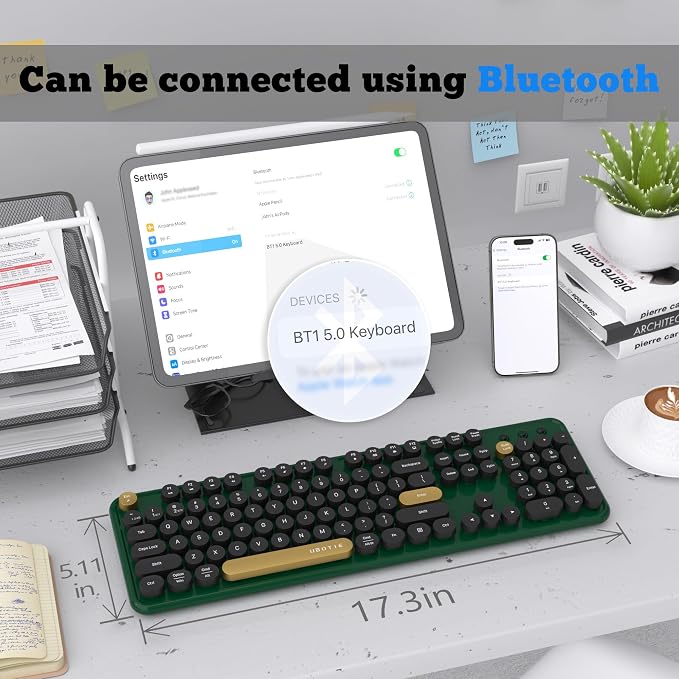 UBOTIE Dual Mode Colorful Wireless Keyboard, Bluetooth and USB Receiver Retro Typewriter Round Keycaps Keyboard Support Multi Devices for PC Laptop Tablet Phones(Dark-Green)