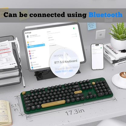 UBOTIE Dual Mode Colorful Wireless Keyboard, Bluetooth and USB Receiver Retro Typewriter Round Keycaps Keyboard Support Multi Devices for PC Laptop Tablet Phones(Dark-Green)