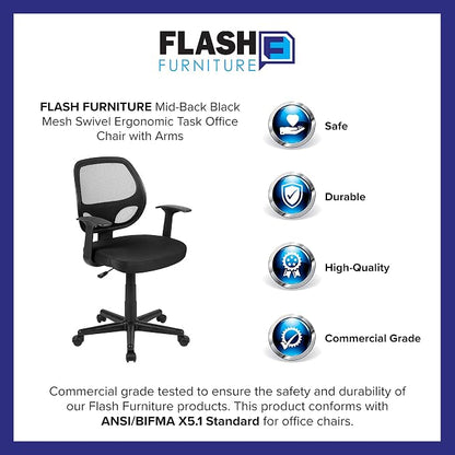 Flash Furniture Flash Fundamentals Mid-Back Black Mesh Swivel Ergonomic Task Office Chair with Arms
