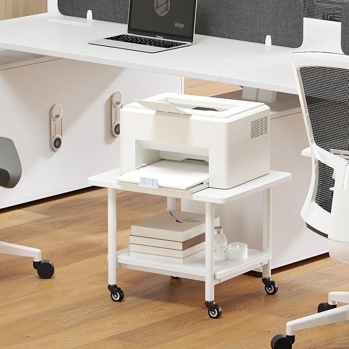 GOFLAME Under Desk Printer Stand, 2-Tier Mobile Printer Table with Storage Shelf, Metal Frame, Rolling Printer Cart Holder Storage Rack with Lockable Wheels for Home Office, White