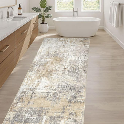 Runner Rug Kitchen Washable Rugs: 2x5 Non-Slip Abstract Soft Modern Stain Resistant Indoor Floor Neutral Accent Throw Carpet for Hallway Bathroom Laundry Room Entryway Bedroom- Gray Gold