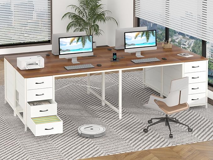 YOMILUVE 95'' Two Person Desk with 8 Drawers, Long Office Desk with Charging Station, 2 Person Desks Double Desk Writing Study Table for Home Office, Brown and White