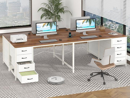 YOMILUVE 95'' Two Person Desk with 8 Drawers, Long Office Desk with Charging Station, 2 Person Desks Double Desk Writing Study Table for Home Office, Brown and White
