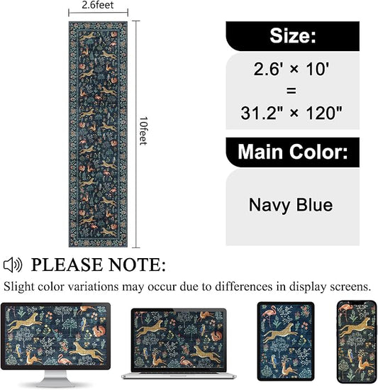 DUKINO Washable 2.6x10 Runner Rug, Non Slip Animal Print Runner Rug for Hallway, Vintage Low Pile & Stain Resistant Soft Indoor Carpet Runner for Kitchen, Bathroom, Laundry, Bedroom, Navy Blue