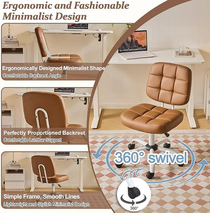 VINGLI Compact Small Desk Chair, Cute Armless Chair with Wheels, Vanity Chair with Low Back, Height Adjustable Task Chair for Small Spaces, Office, Bedroom, Make Up Room, PU Leather, Brown
