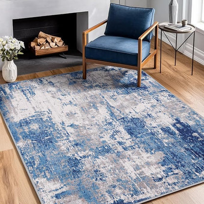 RELEANY Washable Area Rugs 4'x5' Non-Slip Modern Abstract Soft for Living Room Entryway Bedroom Kitchen, Print Pattern, Blue Grey Navy Gray
