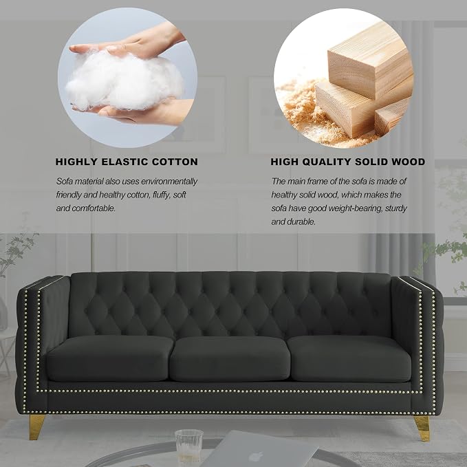 mikibama 80.5" Velvet 3 Seater Sofa Couch for Living Room,Button Tufted 3-Seat Couches with Nailhead Trims,Modern Upholstered Sofas with Golden Metal Legs for Bedrooom,Office