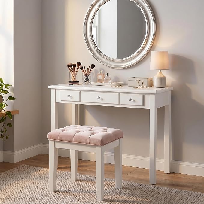 STHOUYN Small White Writing Desk with Drawers, Vanity Table for Bedroom | Small Farmhouse Makeup Vanity Desk No Mirror, Adult/Student Writing Desk with Drawers for Small Spaces, Home Office, Study