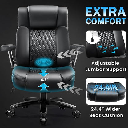 Big and Tall Office Chair 600lbs with 5D Flip Arms, Heavy Duty Executive Office Chairs, Ergonomic Desk Chair with Adjustable Lumbar Support & Rubber Wheels, PU Leather, Black