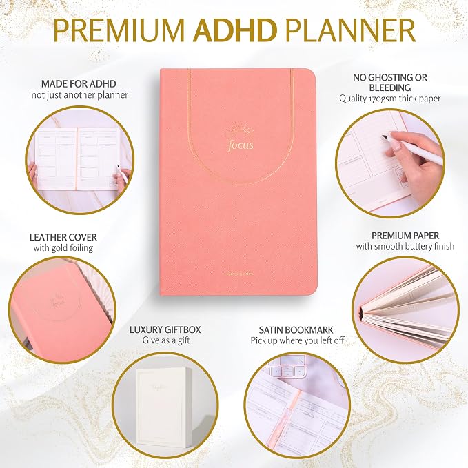 ADHD Daily Planner for Neurodivergent Adults – Premium Leather Productivity & Task Management Planner with Guided Focus Pages, 170gsm Paper, Gold Foiling & Gift Box – Undated | A5 (Salmon Pink)