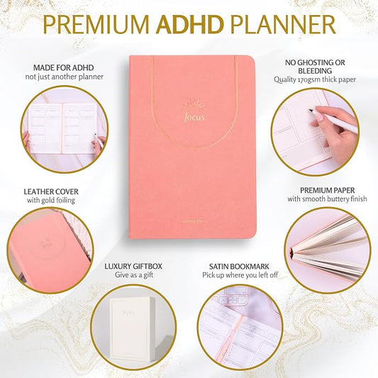 ADHD Daily Planner for Neurodivergent Adults – Premium Leather Productivity & Task Management Planner with Guided Focus Pages, 170gsm Paper, Gold Foiling & Gift Box – Undated | A5 (Salmon Pink)