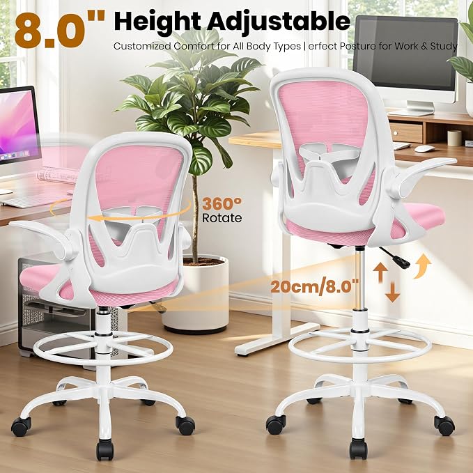 Primy Drafting Chair Tall Office Chair with Flip-up Armrests Executive Ergonomic Computer Standing Desk Chair with Lumbar Support and Adjustable Footrest Ring (Pink)