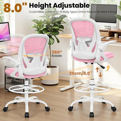 Primy Drafting Chair Tall Office Chair with Flip-up Armrests Executive Ergonomic Computer Standing Desk Chair with Lumbar Support and Adjustable Footrest Ring (Pink)