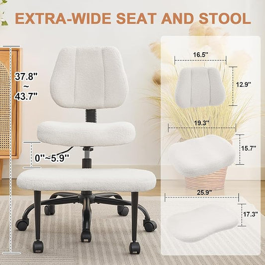 Ergonomic Cross Legged Office Chair for ADHD Adults, Criss Cross Desk Chair with Back Support, Swivel Meditation Chair with Wheels, Adjustable Height (White, Teddy Fabric)
