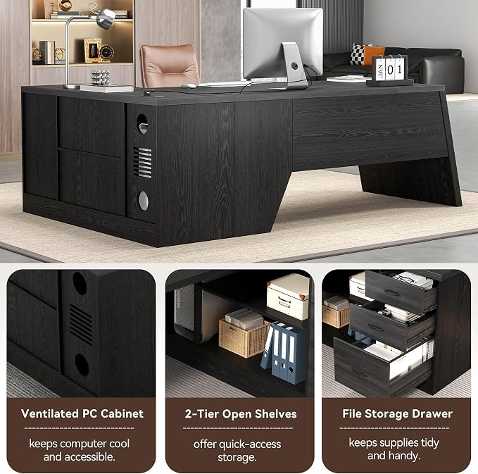 Epecoya 78 Inch L Shape Executive Desk, Large Modern Home Office Desk with Drawer and Cord Hold Management, Wooden Business Furniture for CEO Boss Manager, Black Gray
