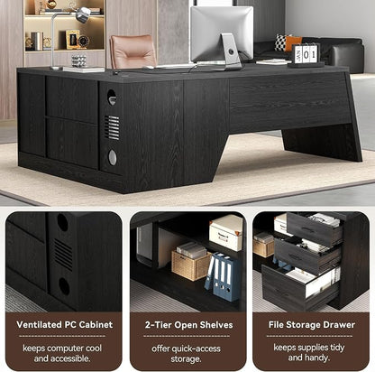 Epecoya 78 Inch L Shape Executive Desk, Large Modern Home Office Desk with Drawer and Cord Hold Management, Wooden Business Furniture for CEO Boss Manager, Black Gray