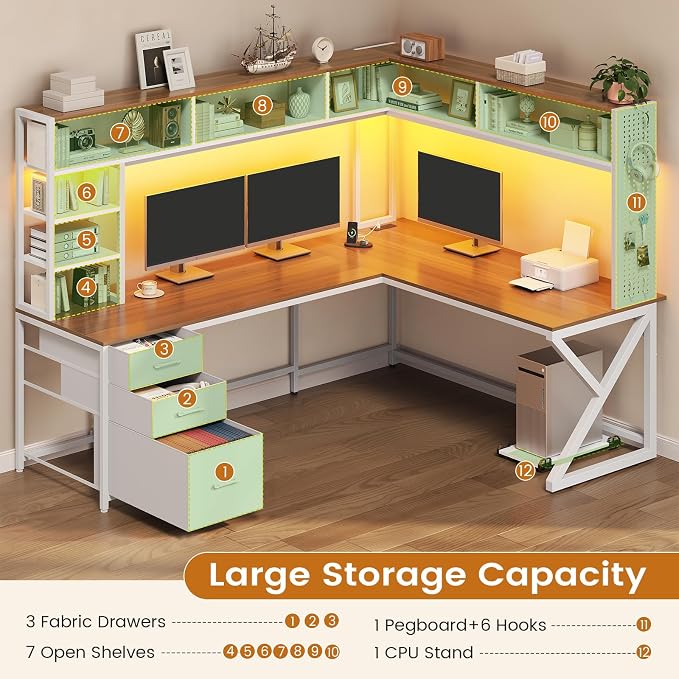 SEDETA L Shaped Gaming Desk with Storage Drawers and Hutch, Convertible 94.5" Computer Desk with Drawers, Corner Computer Desk with Power Outlet, LED Lights, Pegboard for Home Office, White and Brown