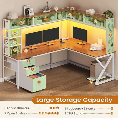 SEDETA L Shaped Gaming Desk with Storage Drawers and Hutch, Convertible 94.5" Computer Desk with Drawers, Corner Computer Desk with Power Outlet, LED Lights, Pegboard for Home Office, White and Brown
