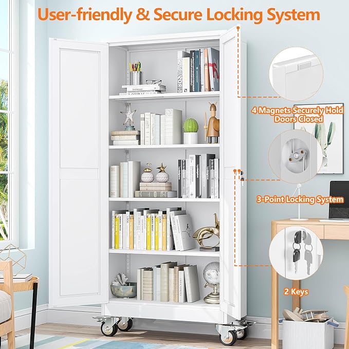 pozdeg 71" Metal Garage Storage Cabinets with Wheels, Lockable Rolling File Cabinets with 2 Doors and 4 Adjustable Shelves, Steel Tool Organizer Locker for Office Home Garage Gym School, White
